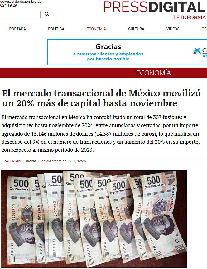 El mercado transaccional de Mxico moviliz un 20% ms de capital hasta noviembre